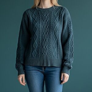 Becaal Small Cable Knit Sweater Green Long Sleeve Crewneck Lightweight Acrylic